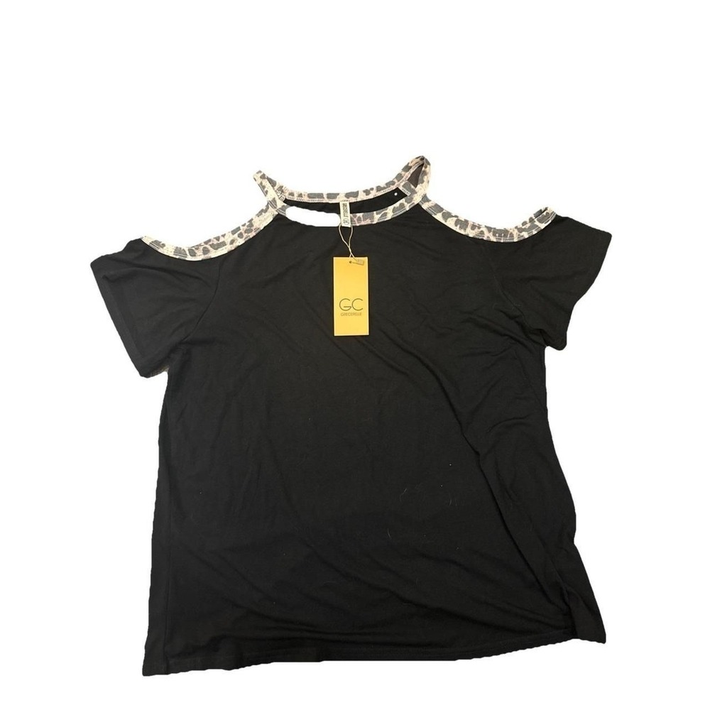 Grecerelle Cold Shoulder Top w/ Leopard-Cheetah Trim Black‎ Plus Size 2XL